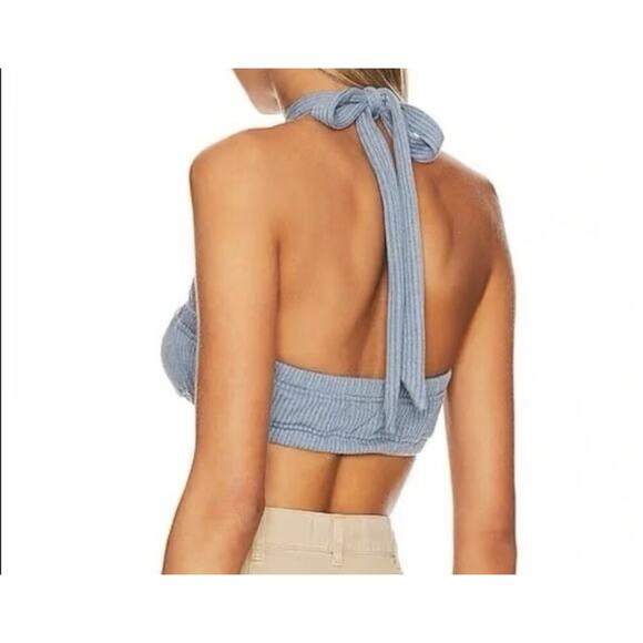 NWT WeWoreWhat Tie Halter Bra Top XS Wide Rib Storm Blue Cropped Crisscross $49 - Picture 6 of 6